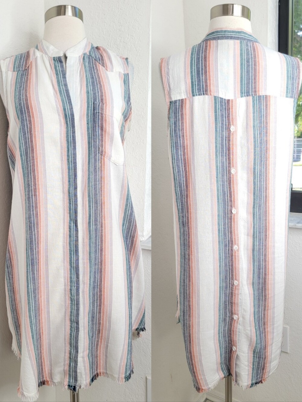 CLOTH & STONE Sunburst Fray Hem Button Down Linen Blend Mini Stripe Dress S.